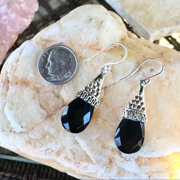 Faceted black onyx 925 sterling boho filigree briolette earrings NWT - Picture 3 of 3